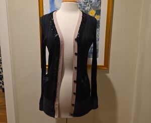 VERA WANG Black and Tan Sequin Cardigan